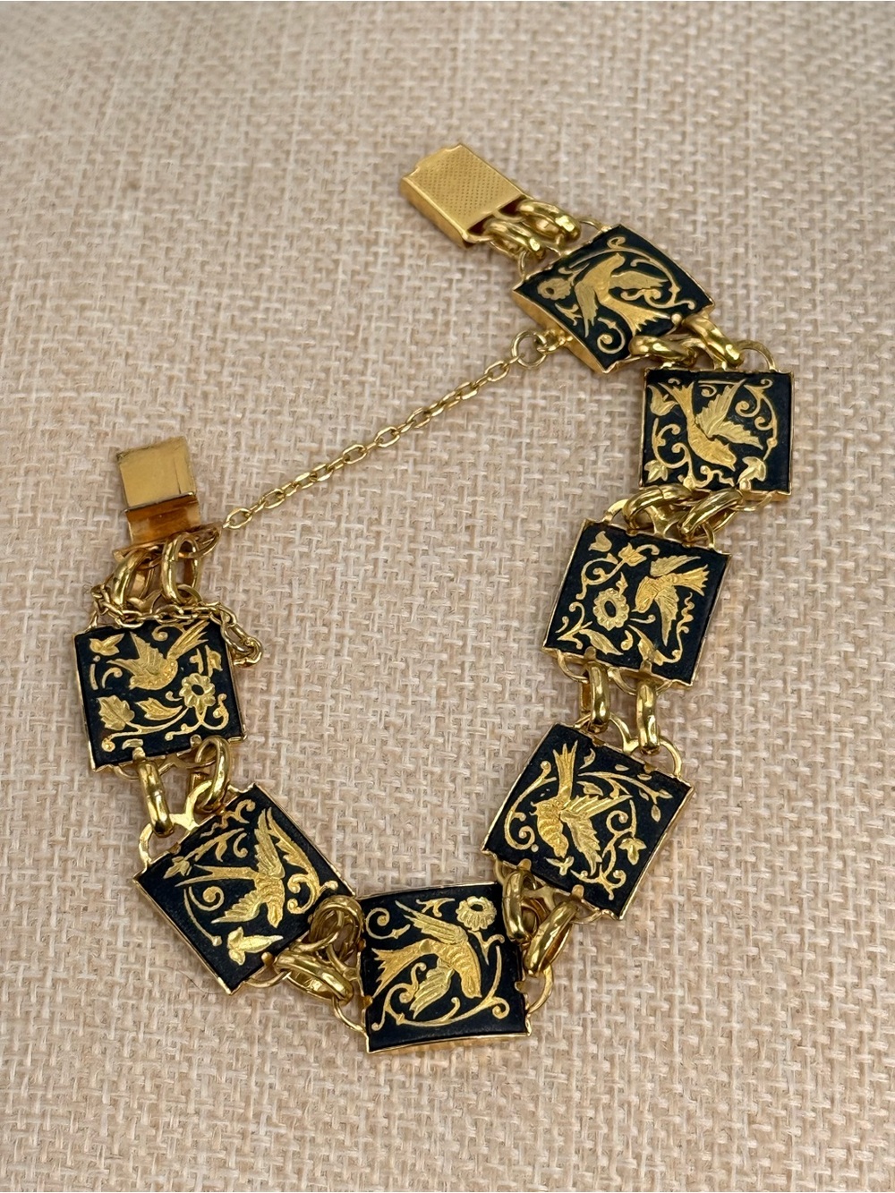 vintage Damascene link panel bracelet, dove and flower safety chain